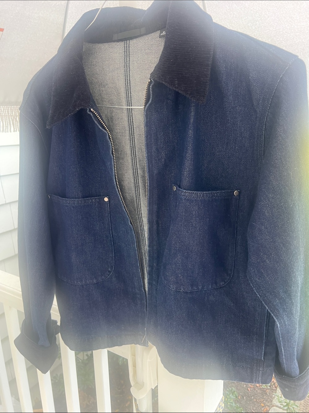 Men's Navy Denim Zip Jacket with Corduroy Collar